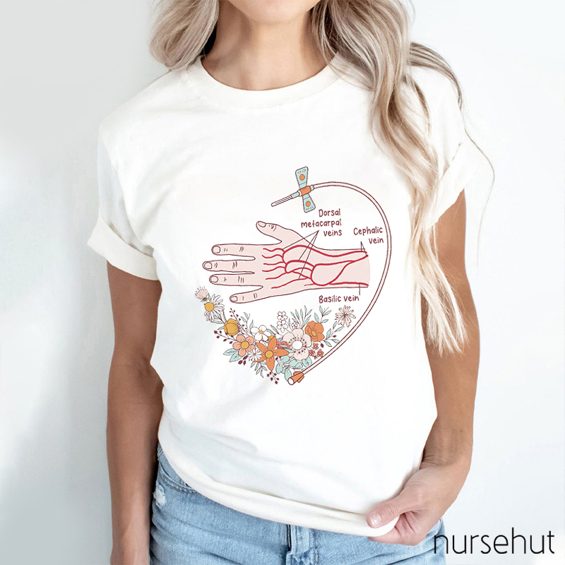 Hand Vascular Diagram Dorsal Metacarpal Veins Cephalic Vein Basilic Vein Nurse T-Shirt