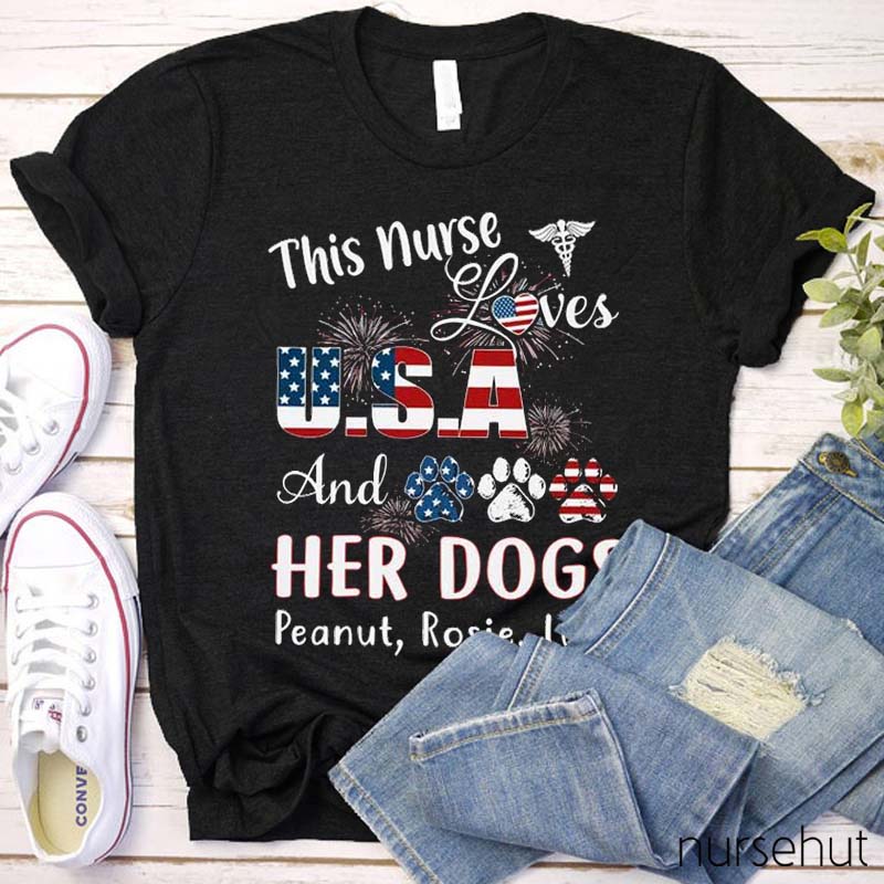 Personalized This Nurse Loves Her USA And Dogs Cats Nurse T-Shirt