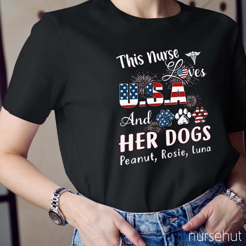 Personalized This Nurse Loves Her USA And Dogs Cats Nurse T-Shirt