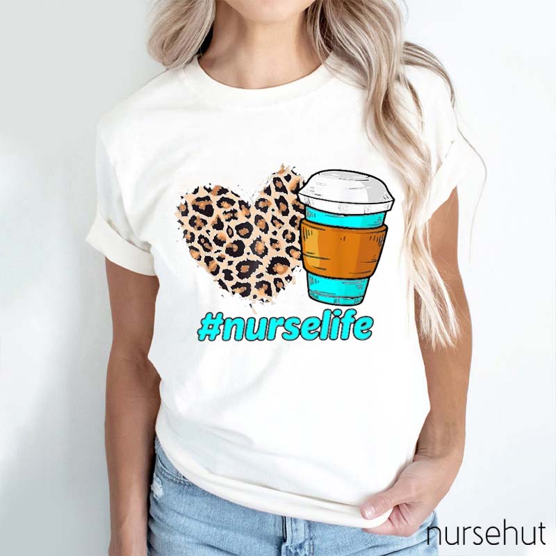 Love Leopard Print Coffee Nurse T-Shirt