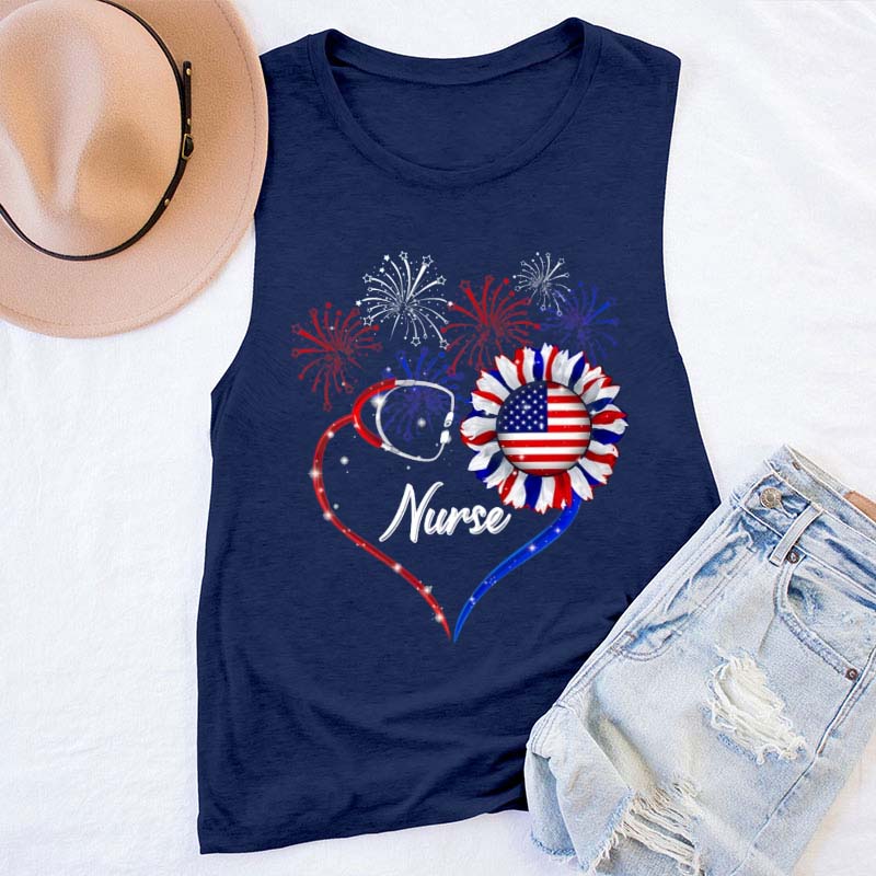 Flag Fireworks Stethoscope Nurse Tank Top