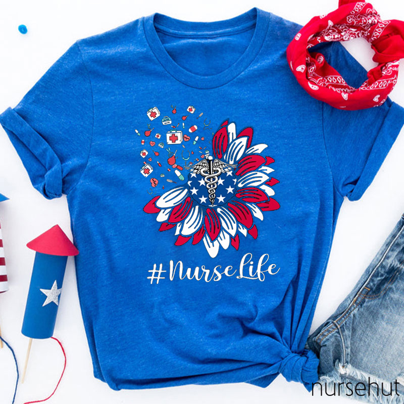 Sunflower Stars And Stripes Flag Nurse T-Shirt