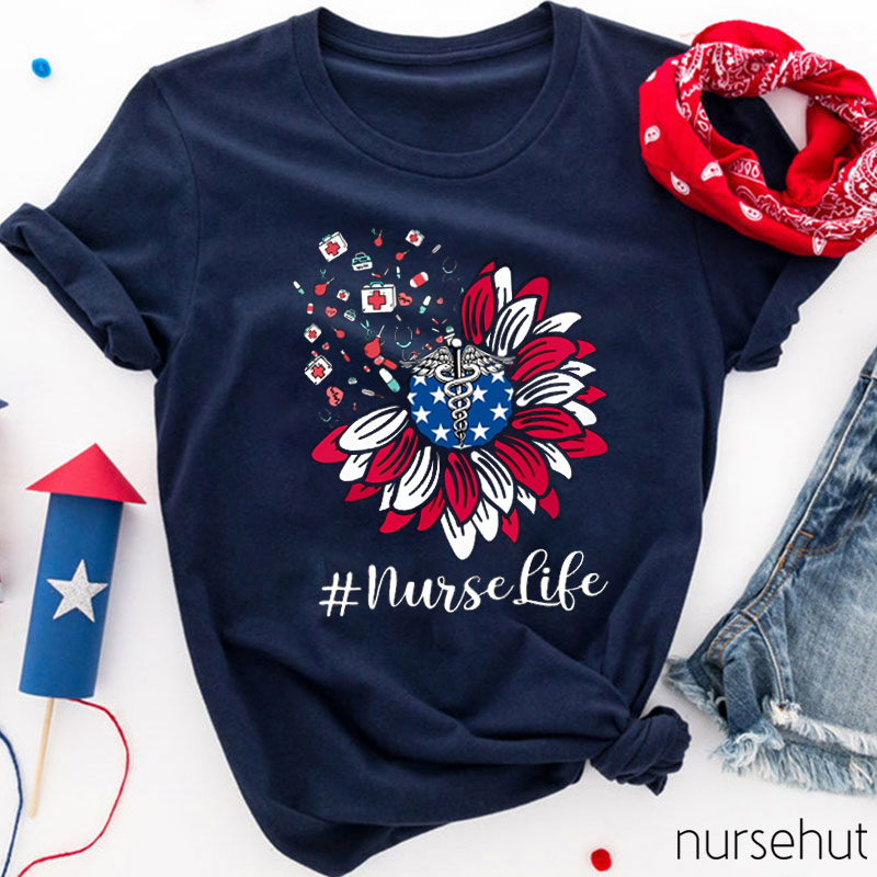 Sunflower Stars And Stripes Flag Nurse T-Shirt