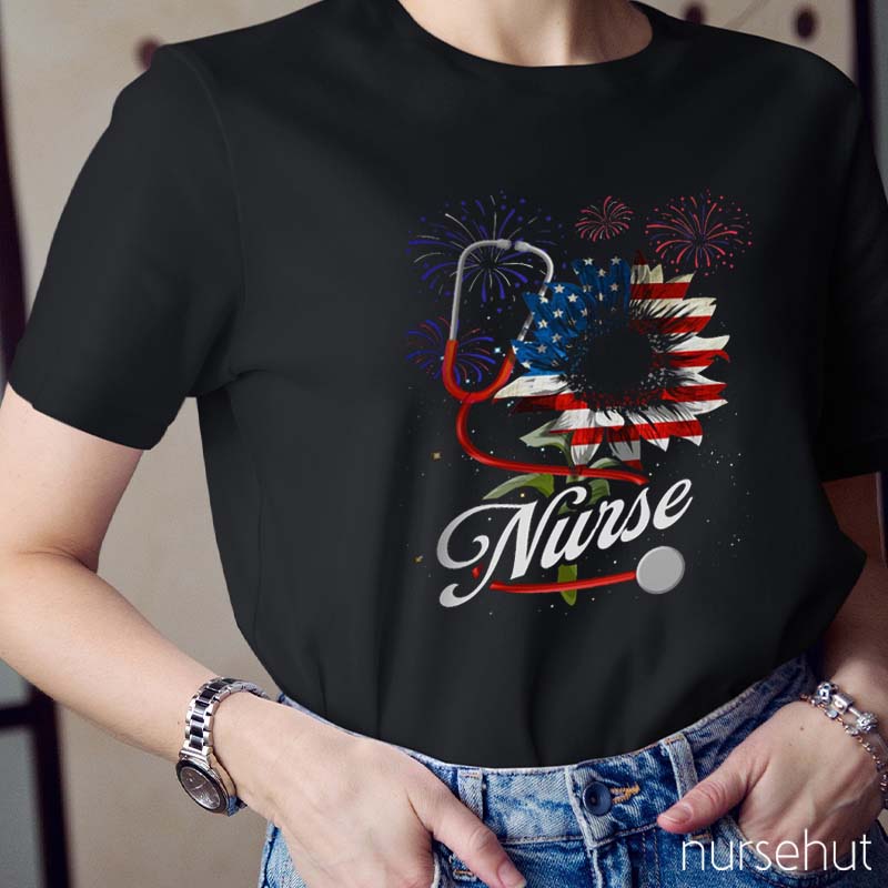 Independence Day Stethoscope Fireworks Nurse T-Shirt