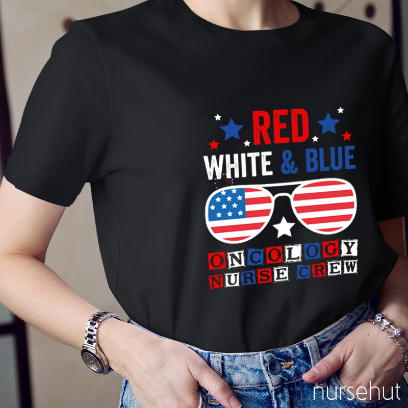 Personalized Department Red White Blue Oncology Nurse Crew Nurse T-Shirt