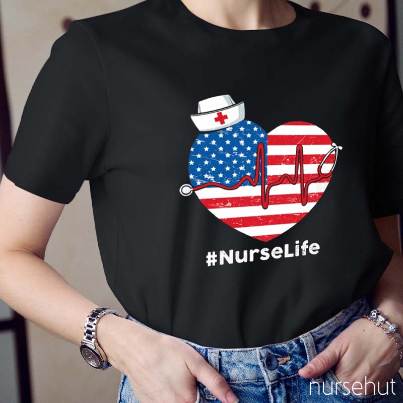 Flag Heart Nurse Life Nurse T-Shirt