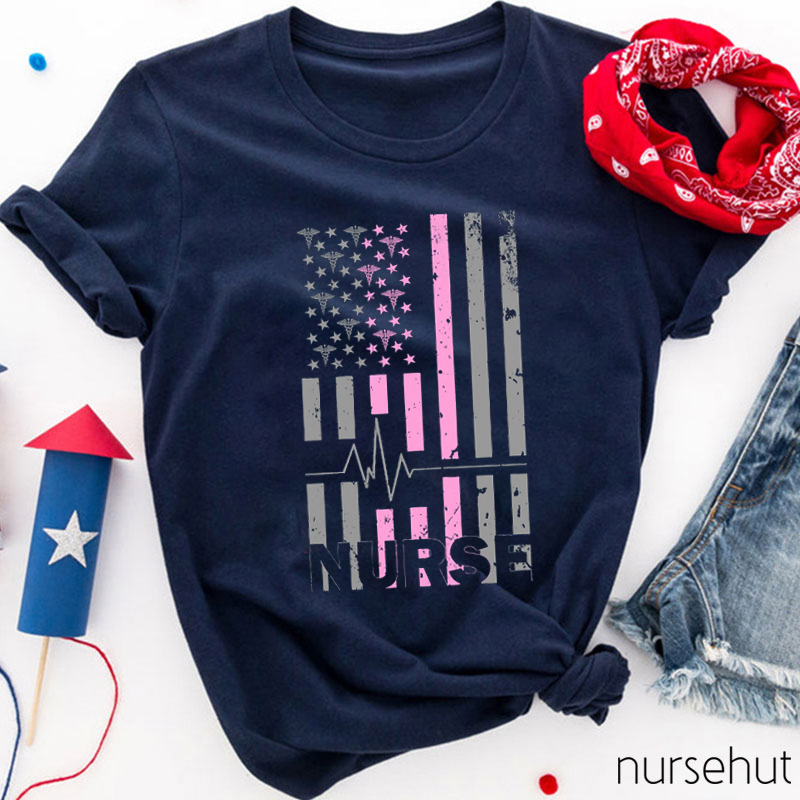 Independence Day Pink Flag Nurse T-Shirt