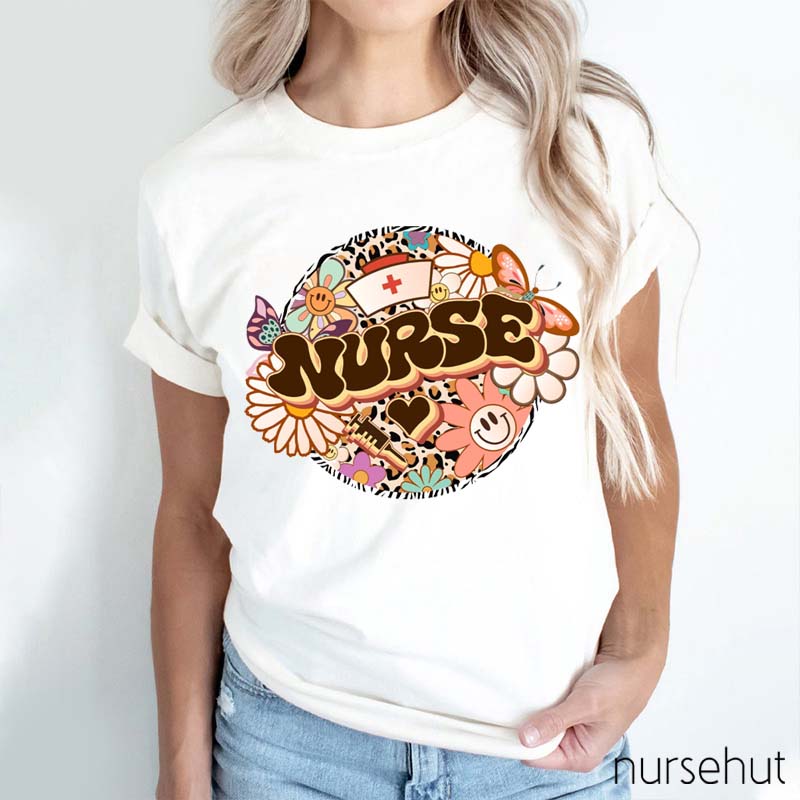 Smile Face Flower Butterfly Nurse T-Shirt