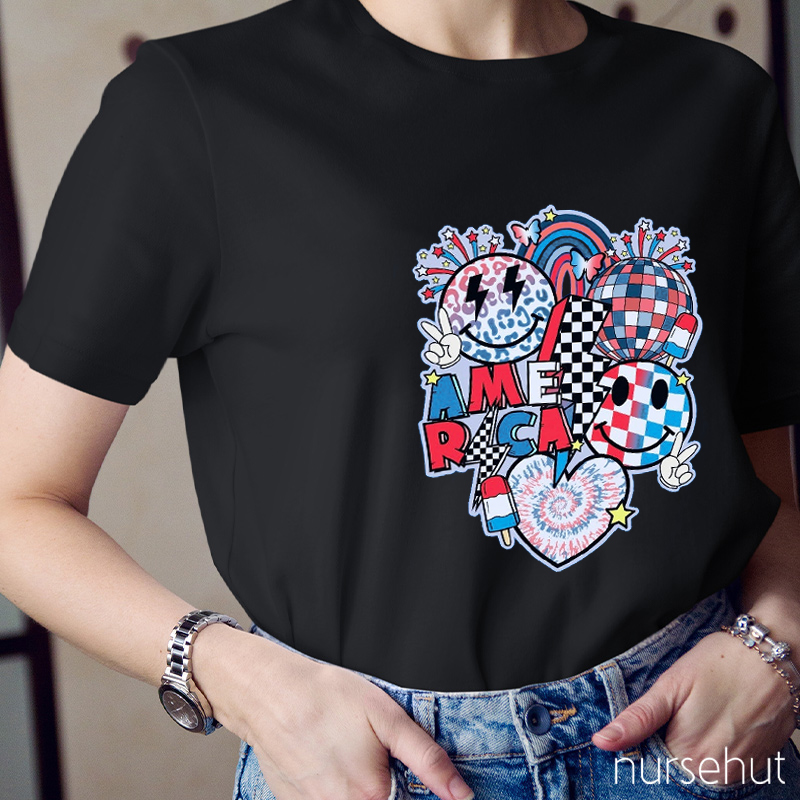 All American Smiley Fireworks Nurse T-Shirt