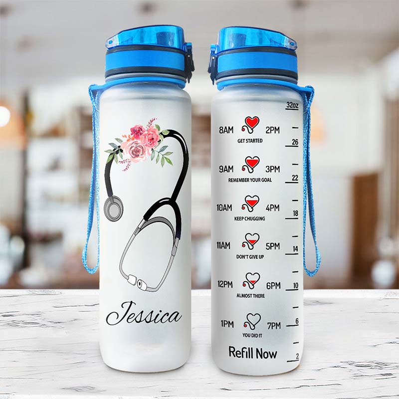 Personalized Flowers And Stethoscope Nurse Water Tracker Bottle