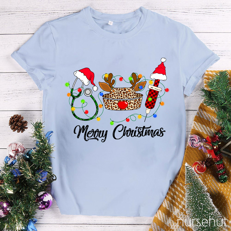 Merry Christmas Leopard Nurse Hat Nurse T-Shirt