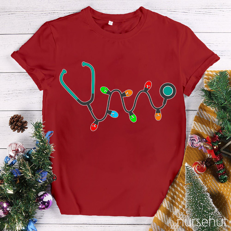 Christmas Lights Stethoscope Nurse T-Shirt