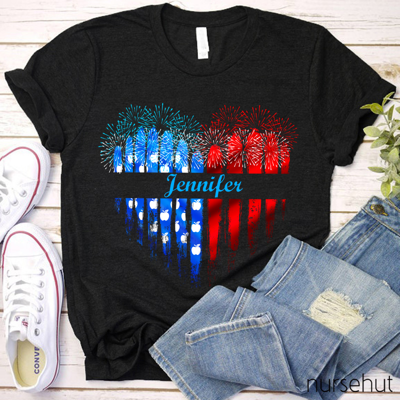 Personalized Name Love Flat Fireworks Nurse T-Shirt