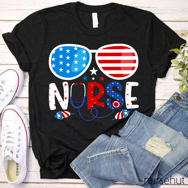 Flag Glasses Fireworks Nurse T-Shirt