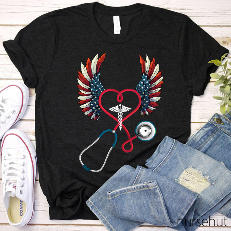 Flag Double Wing Love Stethoscope Nurse T-Shirt
