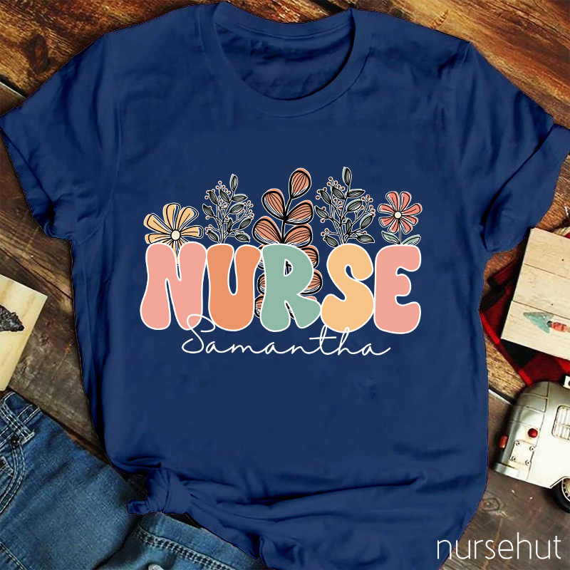Personalized Name Flowers Nurse T-Shirt