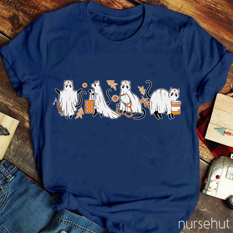 Funny Ghost Cat Halloween Nurse T-Shirt