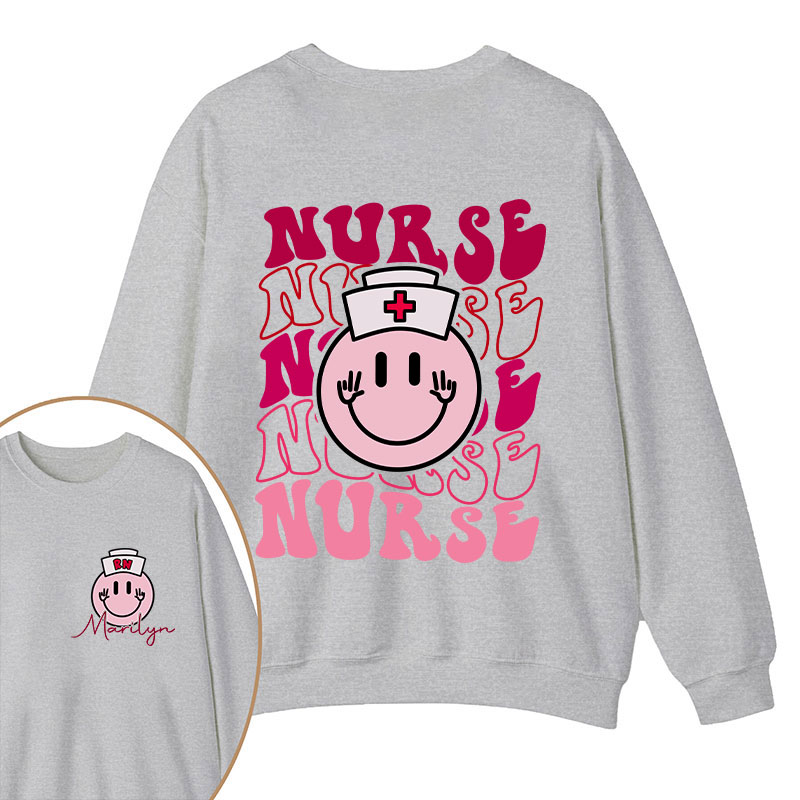 Personalized Pink Smiley Face Nurse Two Sided Sweatshirt