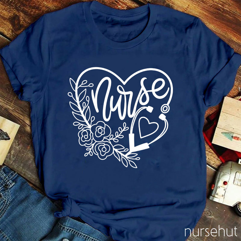 Flower Heart Stethoscope Nurse T-Shirt