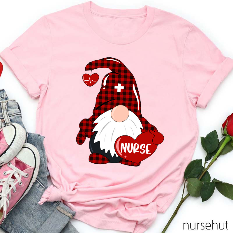 Red Plaid Gnome Red Heart Nurse T-Shirt