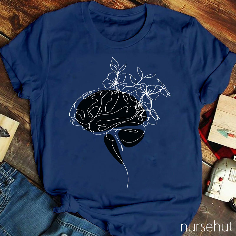 Flowers Growing From The Brain Line Drawing Nurse T-Shirt