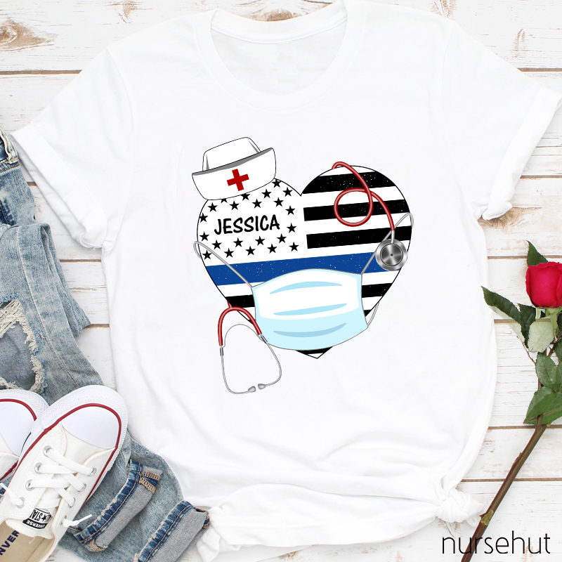 Personalized Stars And Stripes Heart Nurse Mask Stethoscope Nurse T-Shirt