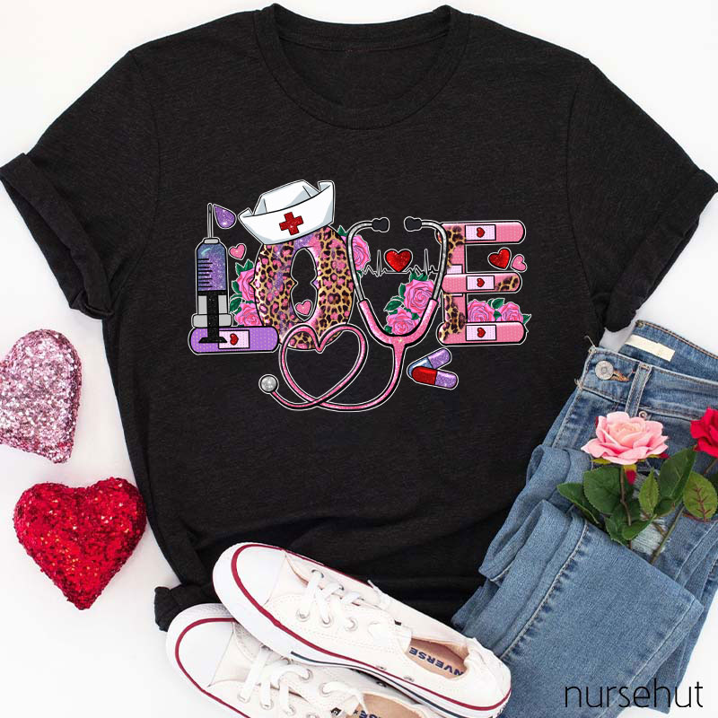 Valentine Love Stethoscope Leopard Print Flower Nurse T-Shirt