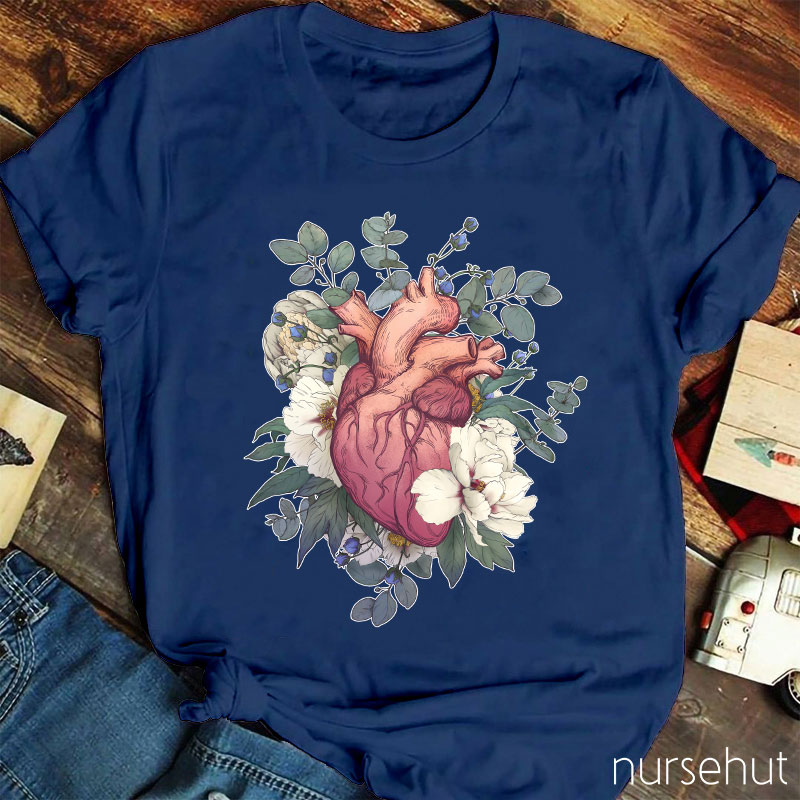 Retro Painting Style Heart And Flowers Nurse T-Shirt