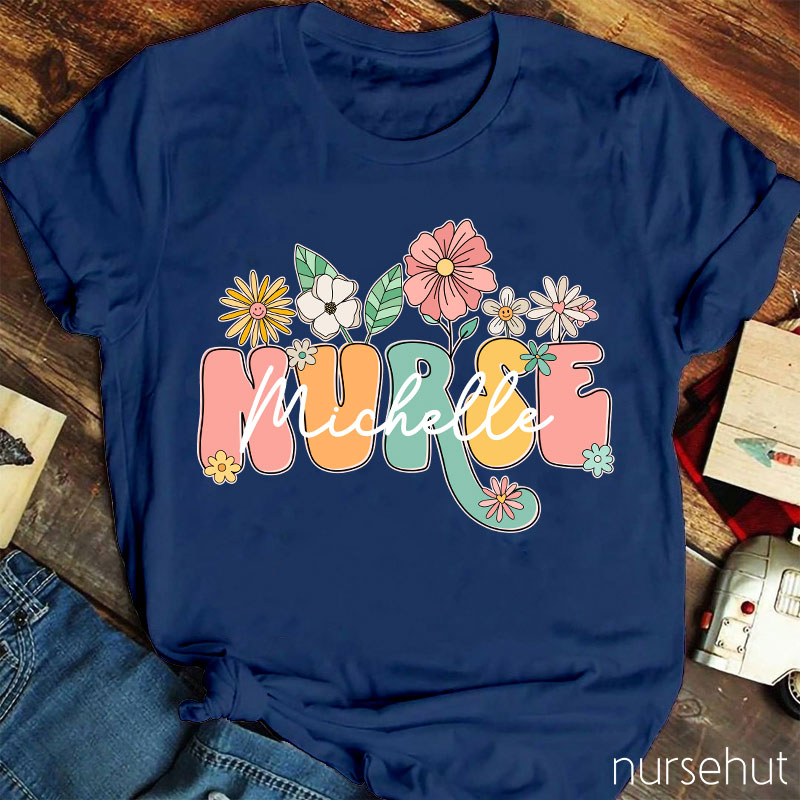 Personalized Nurse Name Flower Nurse T-Shirt