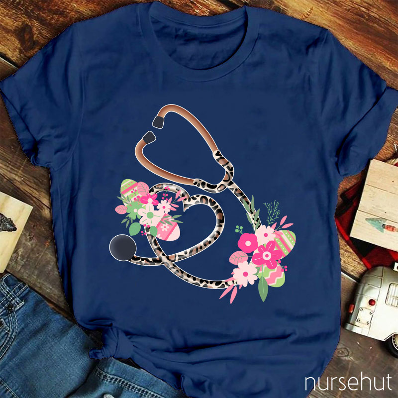 Floral Leopard Stethoscope Heart Nurse T-Shirt