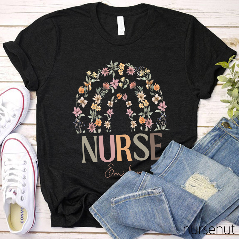 Personalized Rainbow Flower Nurse T-Shirt