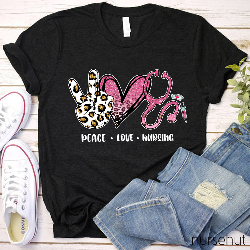 Peace Love And Nursing Shining Pink Leopard Print Nurse T-Shirt
