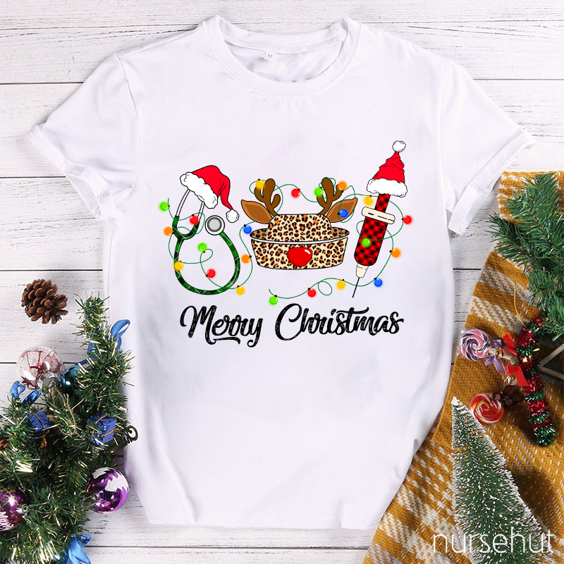 Merry Christmas Leopard Nurse Hat Nurse T-Shirt