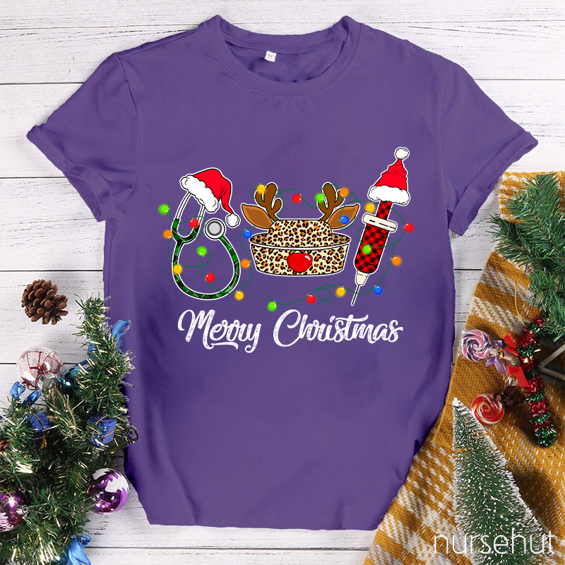 Merry Christmas Leopard Nurse Hat Nurse T-Shirt