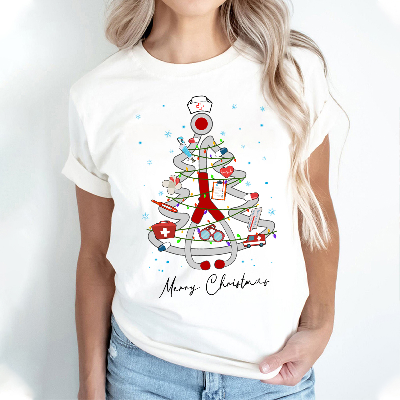 Merry Christmas Stethoscope Tree Nurse T-Shirt
