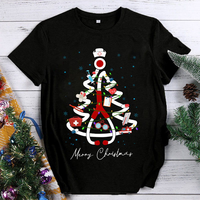 Merry Christmas Stethoscope Tree Nurse T-Shirt