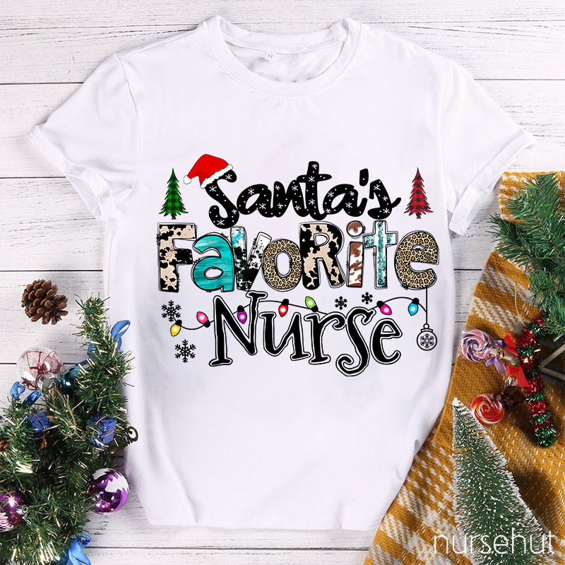 Santa's Favorite Nurse Leopard Christmas Nurse T-Shirt