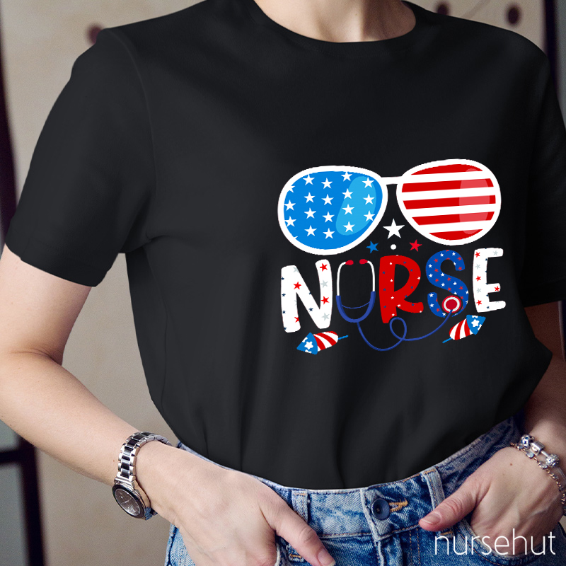 Flag Glasses Fireworks Nurse T-Shirt
