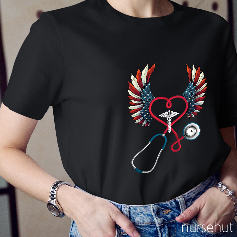 Flag Double Wing Love Stethoscope Nurse T-Shirt