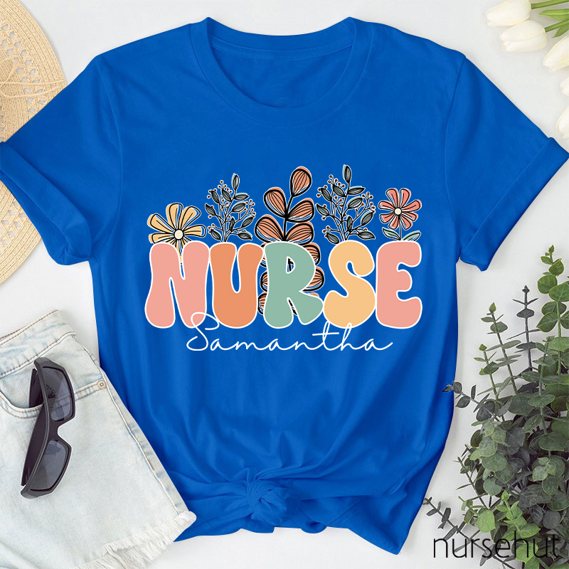 Personalized Name Flowers Nurse T-Shirt