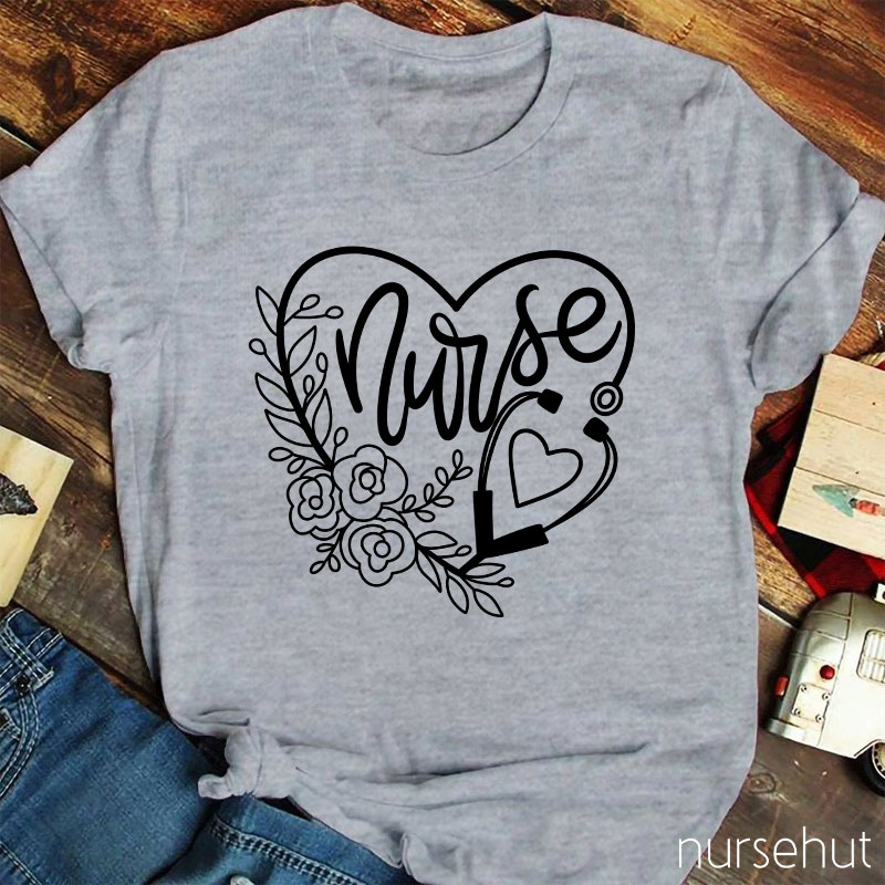 Flower Heart Stethoscope Nurse T-Shirt