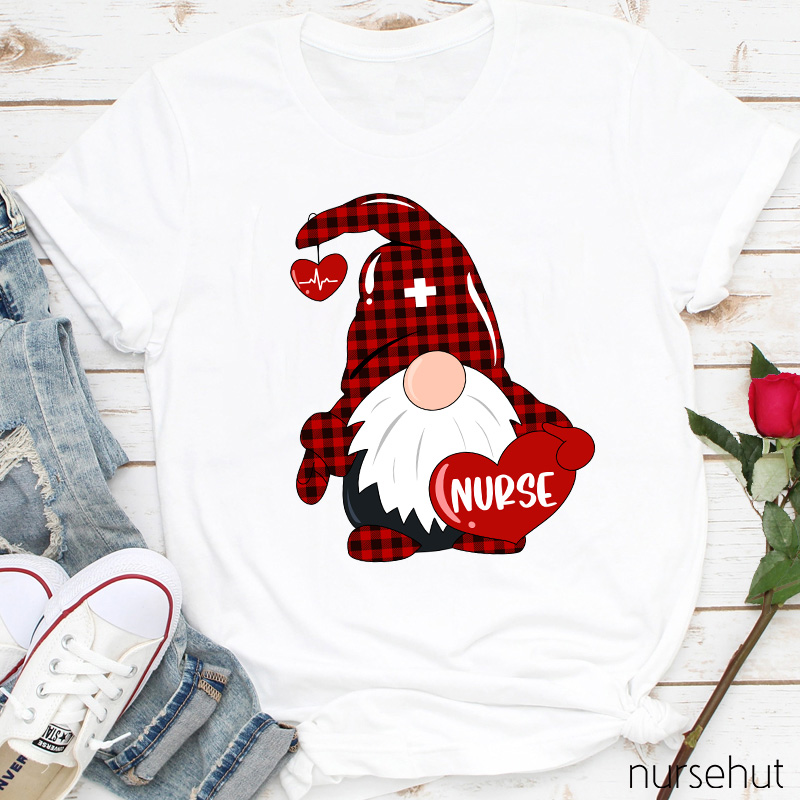 Red Plaid Gnome Red Heart Nurse T-Shirt