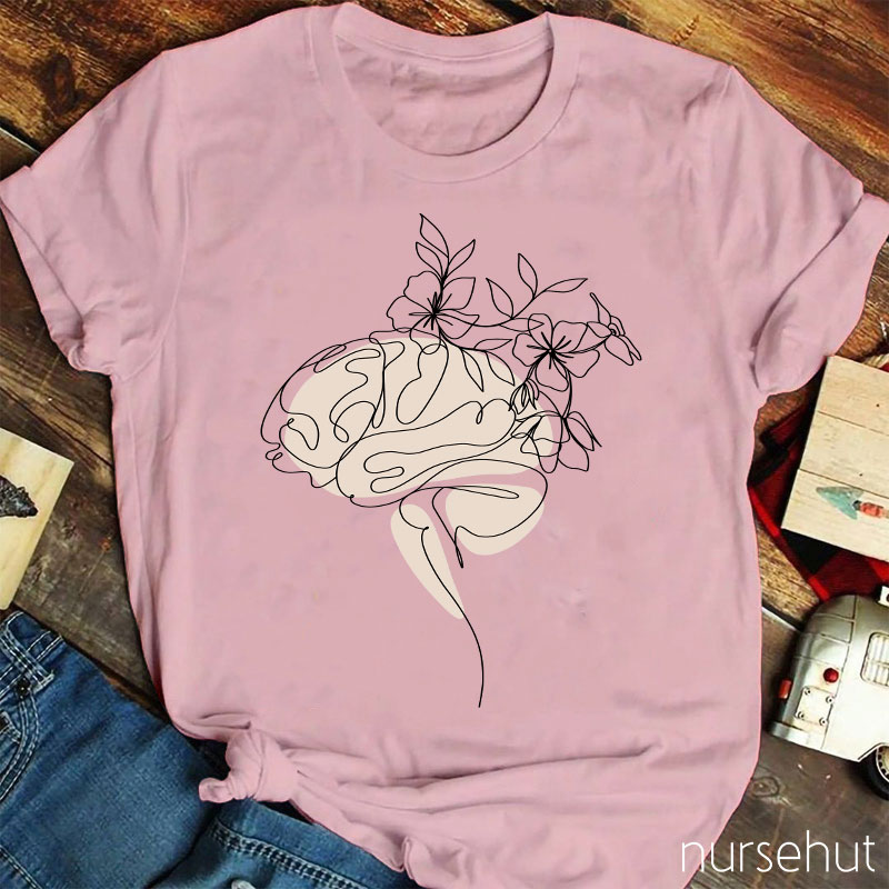 Flowers Growing From The Brain Line Drawing Nurse T-Shirt