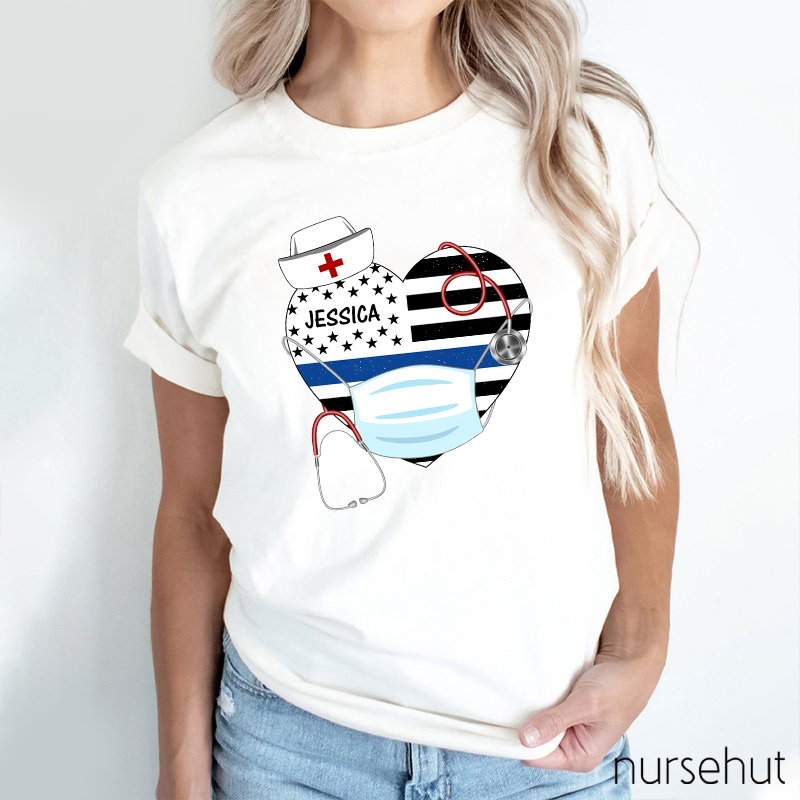 Personalized Stars And Stripes Heart Nurse Mask Stethoscope Nurse T-Shirt