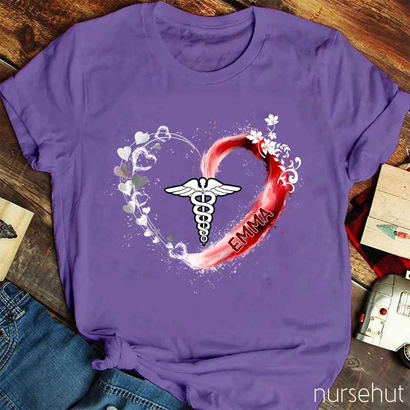 Personalized Caduceus Heart Flower Ribbon Nurse T-Shirt
