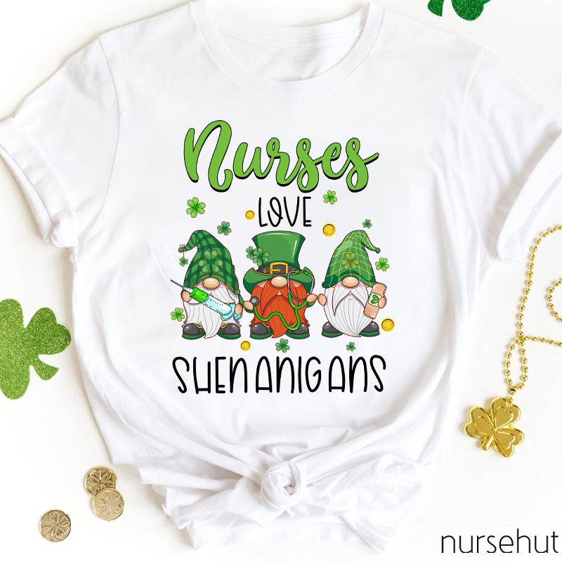 Nurses Love Shenanigans Leprechaun Gnome Nurse T-Shirt