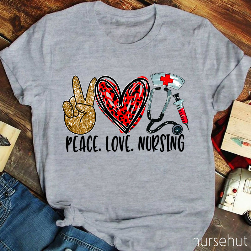 Peace Love Nursing Red Leopard Heart T-Shirt