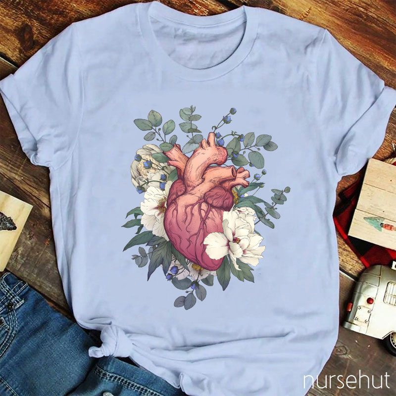 Retro Painting Style Heart And Flowers Nurse T-Shirt