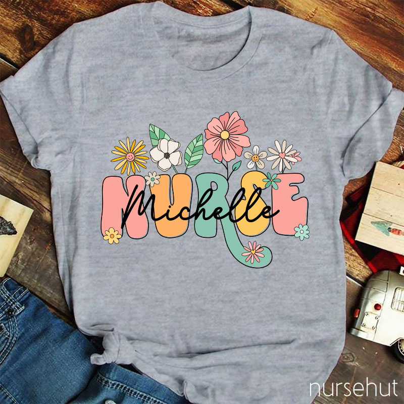 Personalized Nurse Name Flower Nurse T-Shirt