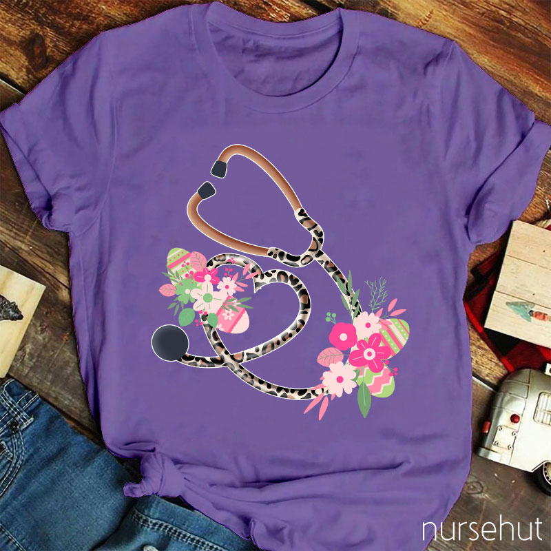 Floral Leopard Stethoscope Heart Nurse T-Shirt